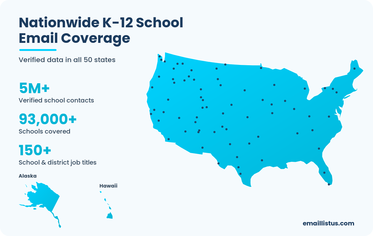 Map of US K-12 school email address list coverage across all 50 states